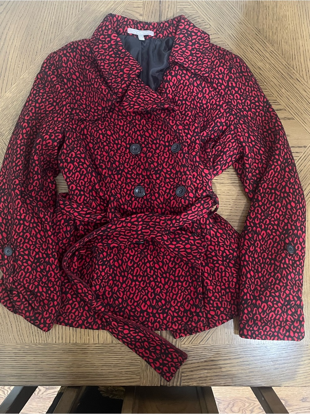 NY Collection Red and Black Leopard Print Double-Breasted Trench Coat